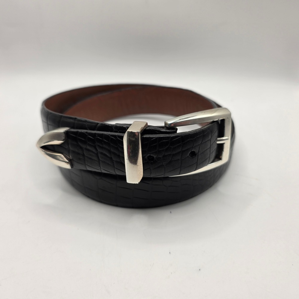 Onyx by Brighton Mens Black Croc Embossed Leather Belt Silver Tip 36 15403 USA
